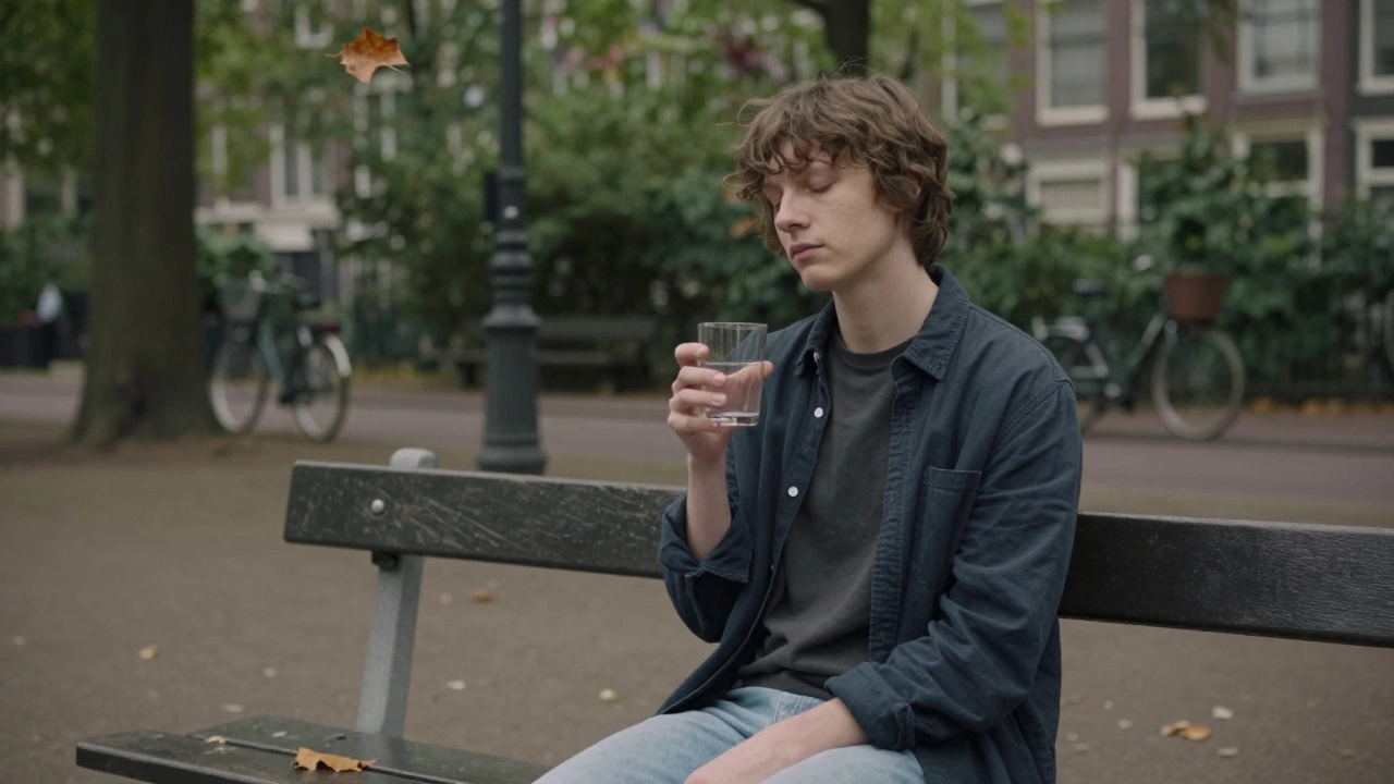 Person sitting peacefully in a park after a massage, holding water, surrounded by gentle nature.
