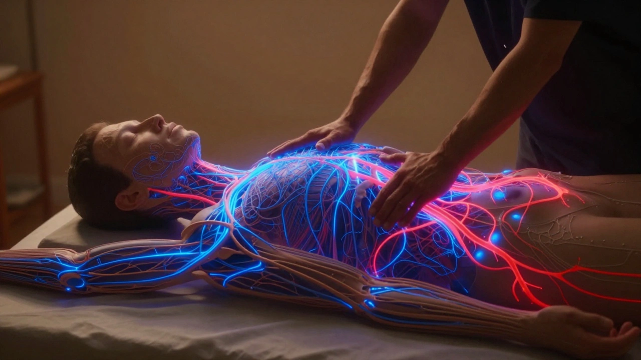 Scientific illustration showing parasympathetic nervous system activation during body-to-body massage with glowing neural pathways.