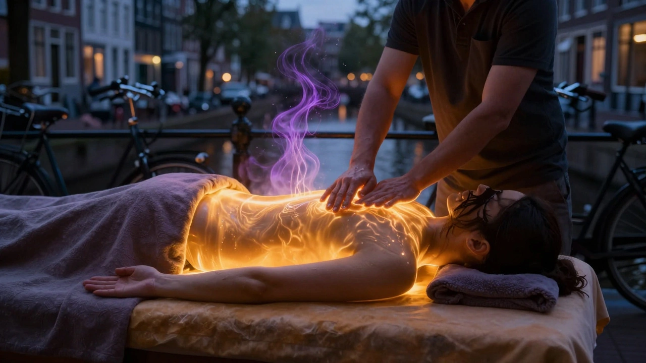 Silhouette of a person glowing with calm light as stress melts away, Amsterdam canals fading softly in background.
