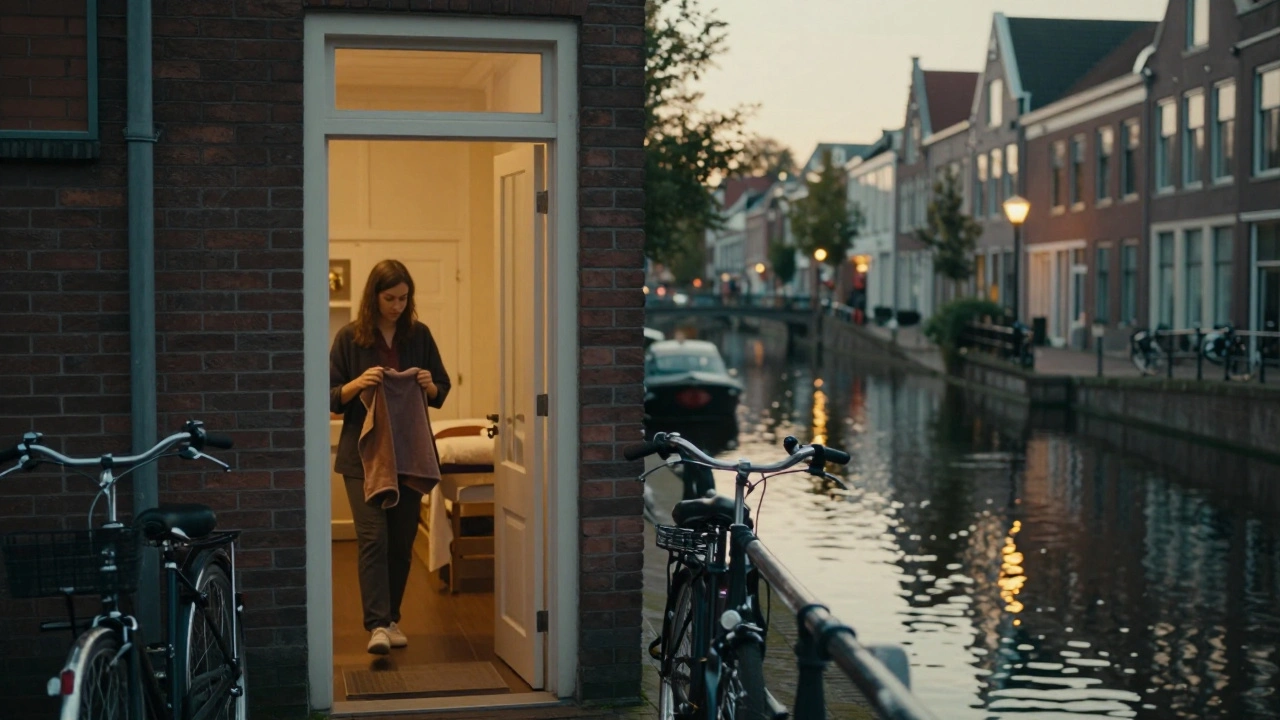 Someone leaving a discreet massage studio by a canal at sunset, holding a towel, calm and at peace.