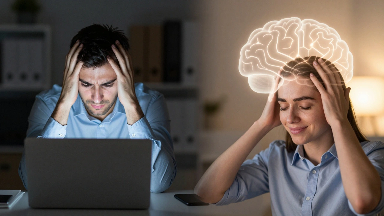 Split image showing transition from work stress to calm through head massage.