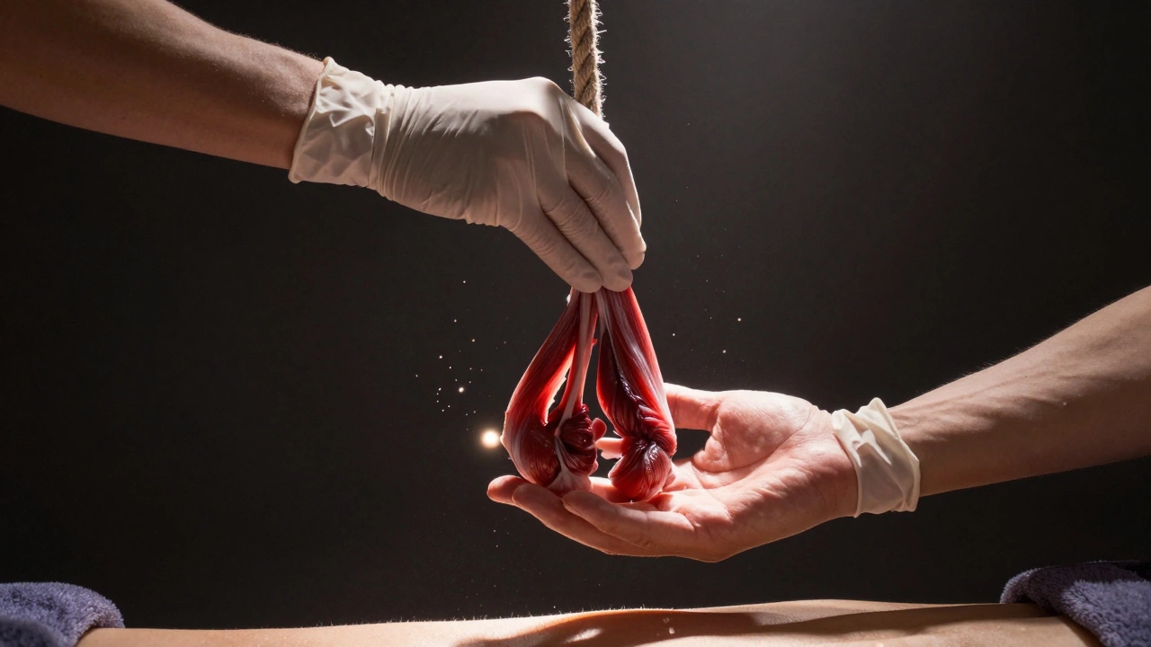 Symbolic image of hands releasing tangled muscle fibers into light, representing tension relief through deep tissue massage.