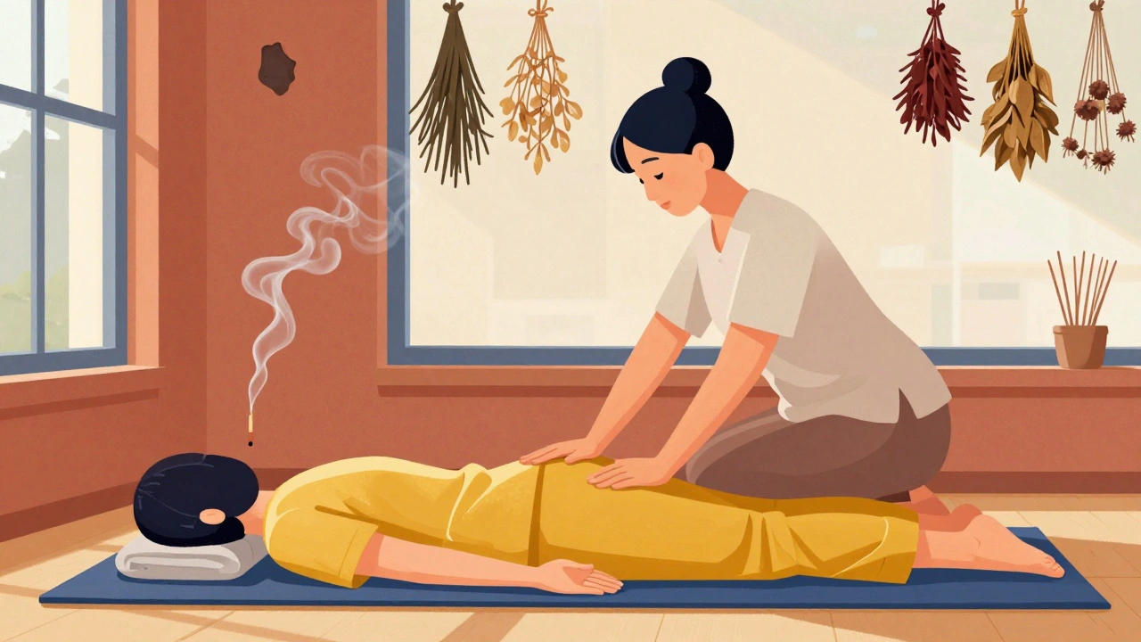 Thai massage session in Amsterdam with therapist stretching a clothed client on a mat, herbs and sunlight around.