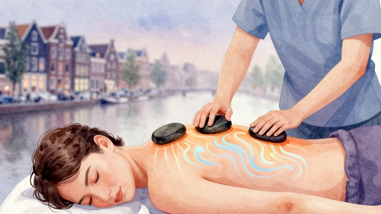 Therapist using warm stones to massage shoulders and spine, with soft thermal waves radiating in watercolor style.