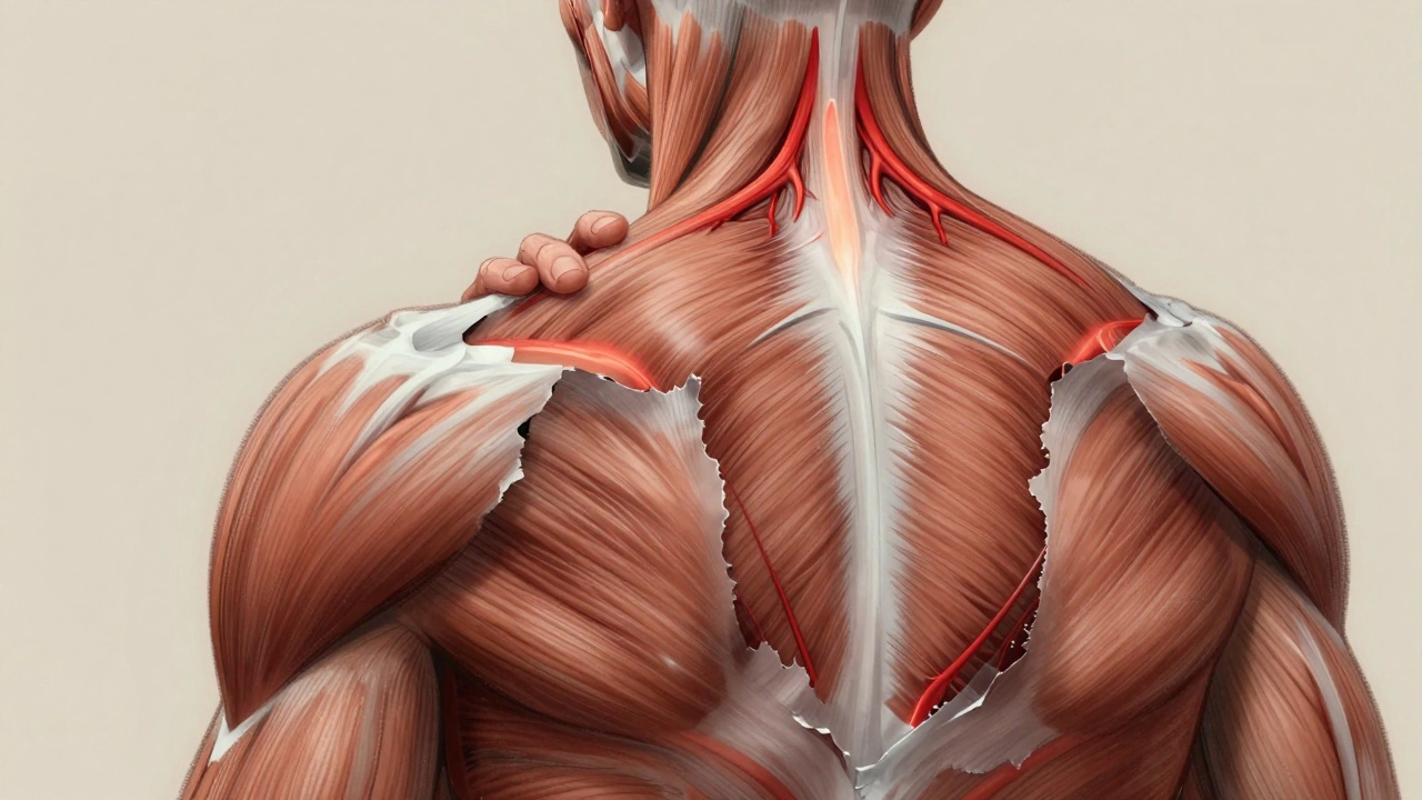 Translucent human anatomy showing muscle tension and improved blood flow in the back and neck.