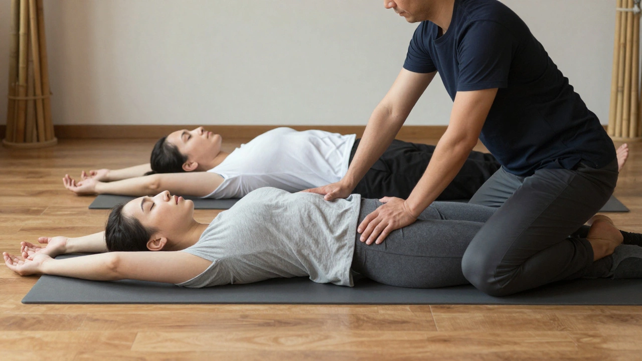 Two therapists working in sync on a couple during a traditional Thai massage, no tables or oils, peaceful studio setting.
