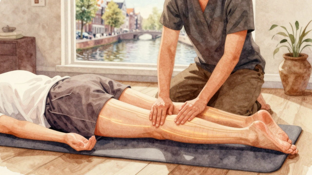 Watercolor of therapist applying pressure with glowing energy lines along client's leg