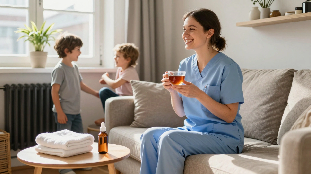 A nurse smiles with her children at home after a massage, showing restored connection and peace.