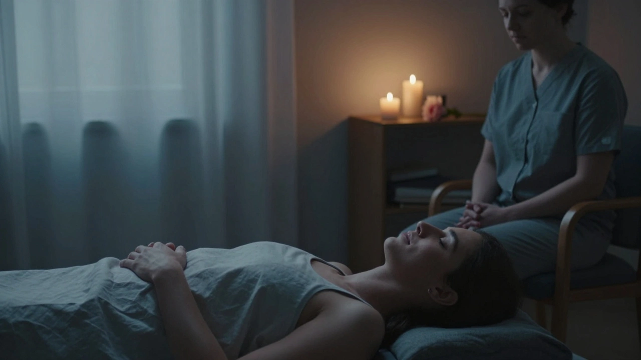 A person lying peacefully with eyes closed, one hand on their chest, as a therapist sits quietly nearby in a calm, dimly lit space.