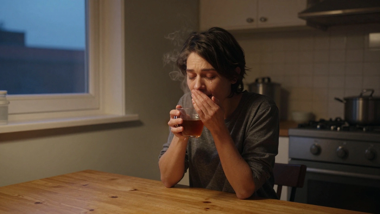 A person sitting alone in a quiet kitchen at dusk, holding tea, tears falling as they close their eyes in peaceful release.