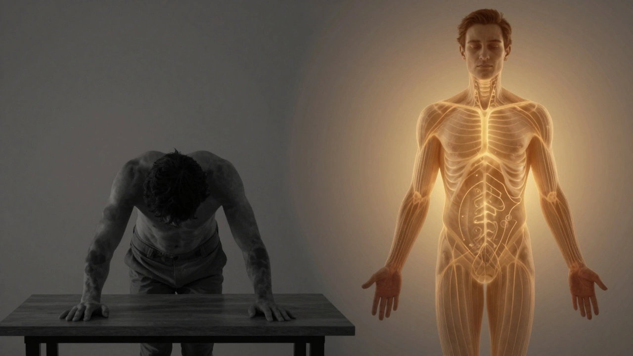 A person transformed from stressed and hunched to radiant and upright, with energy flowing through their body after tuina therapy.