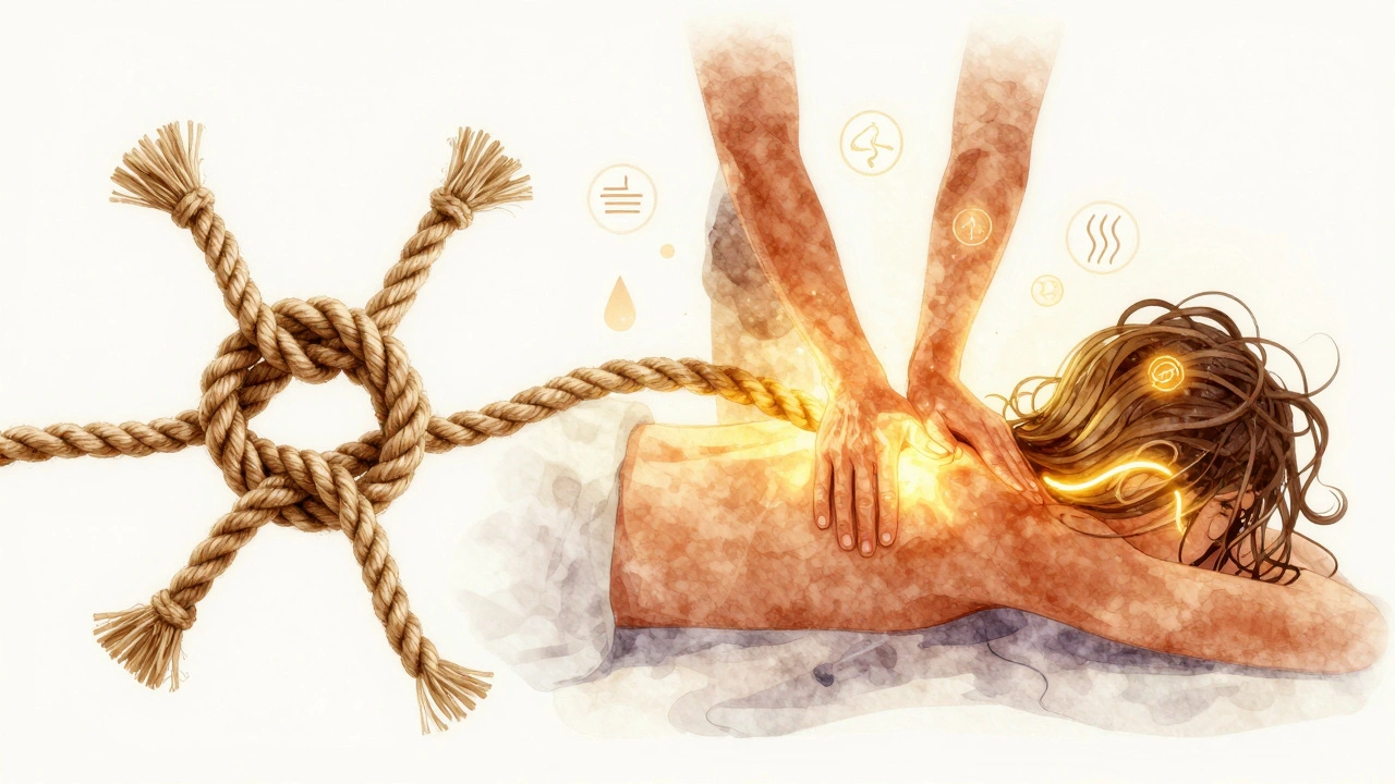 A symbolic illustration showing tension unraveling into relaxation through massage, with physiological benefits represented visually.