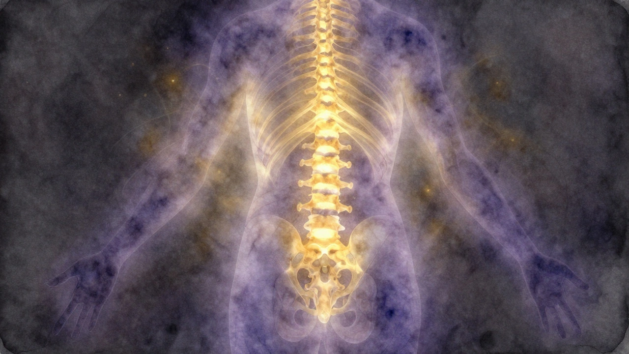 Abstract golden and indigo energy lines flowing through the body's core, symbolizing emotional release through touch.