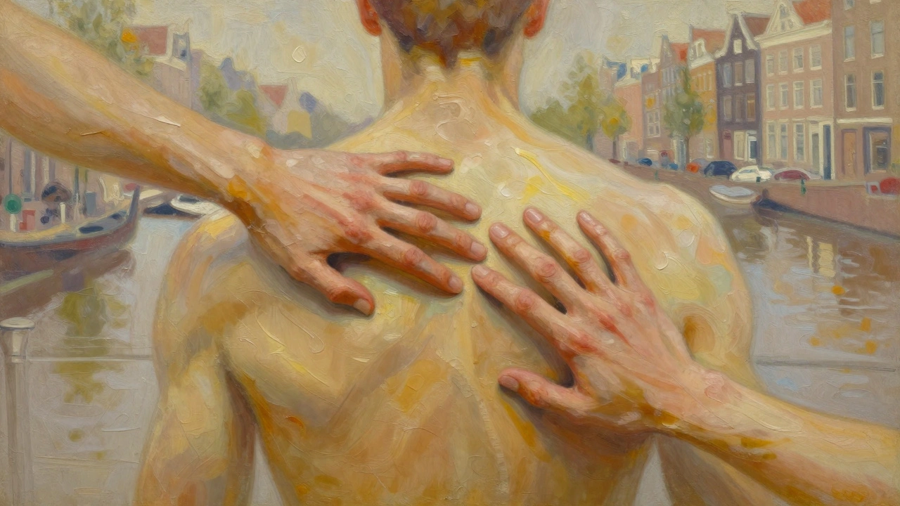 An abstract artistic depiction of soothing touch with warm oil flows over a human form, blending Amsterdam’s skyline as a subtle backdrop.