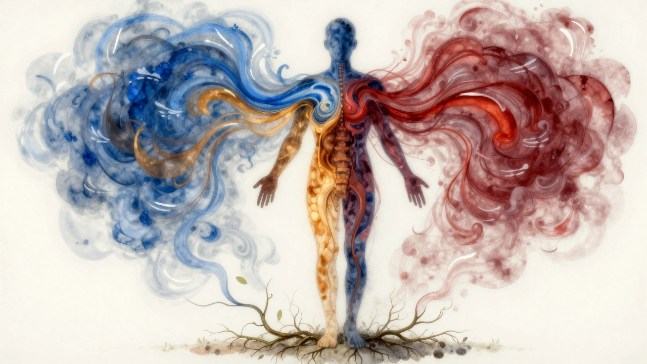 An abstract human silhouette filled with flowing colors representing emotional release and nervous system calm.