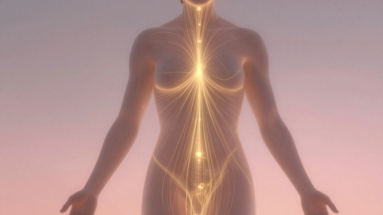 An abstract human silhouette with golden energy threads flowing through the body, symbolizing the release of blocked prana.