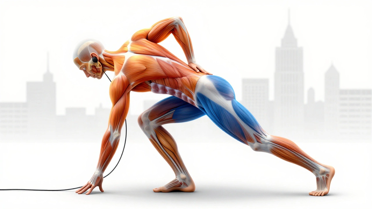 An artistic representation of a body undergoing massage, showing muscle layers and therapeutic energy flows with warm tones.