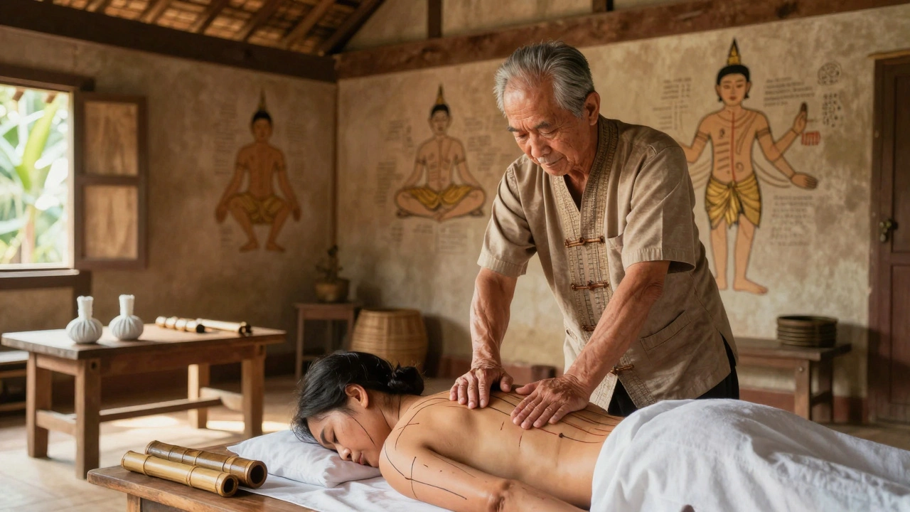 An elderly Thai master teaches an apprentice the traditional pressure techniques in a rural village workshop.