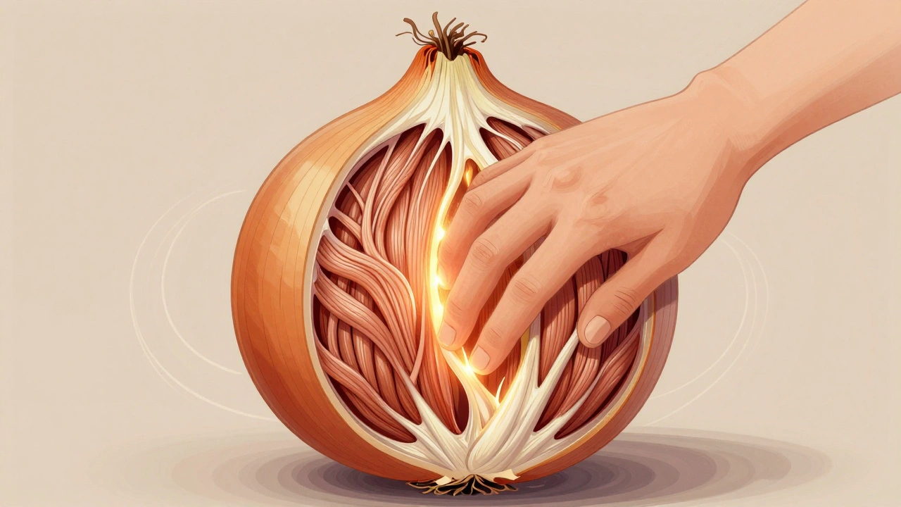 Anatomical illustration showing muscle knots and fascia being released with golden light.