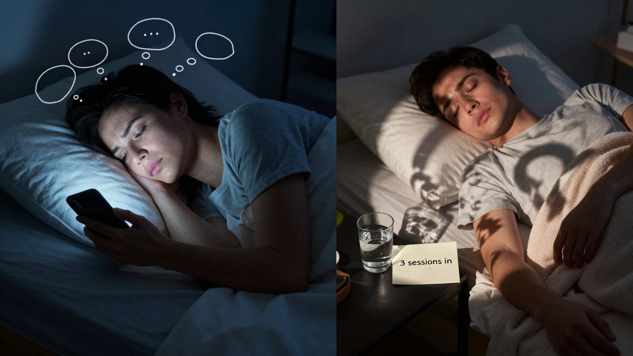 Before and after comparison: a person tossing awake at night versus sleeping peacefully after massage therapy.
