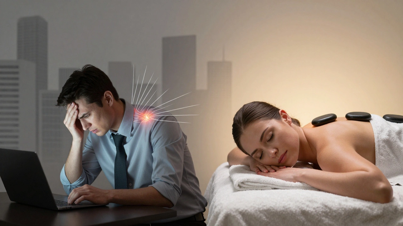 Before and after contrast of a stressed worker transformed by a soothing hot stone massage.