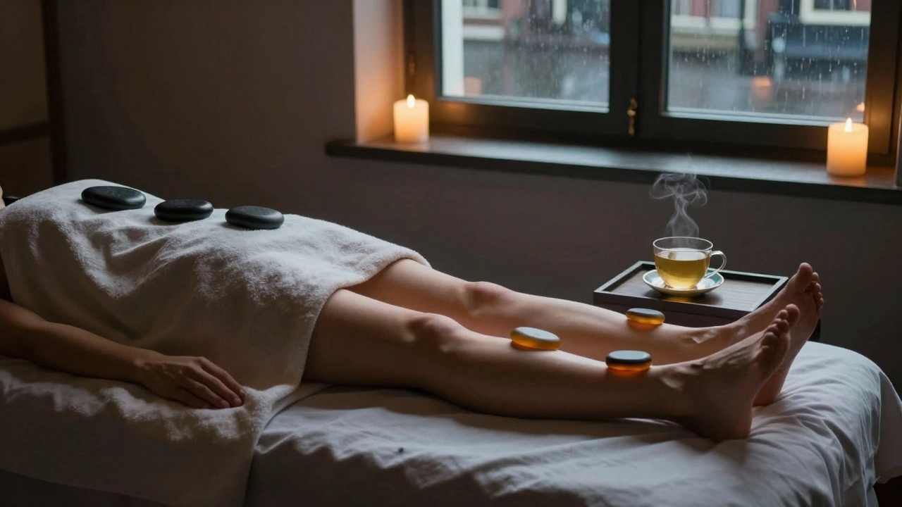 Client relaxed with warm stones on body and cool stone on forehead in a serene spa setting.