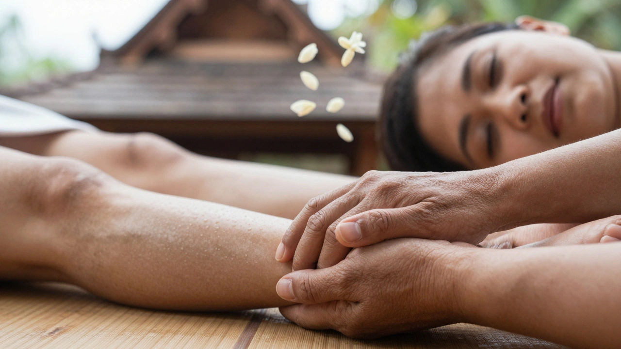 Close-up of a therapist's hand pressing along a client's leg during a serene, authentic Thai massage session.