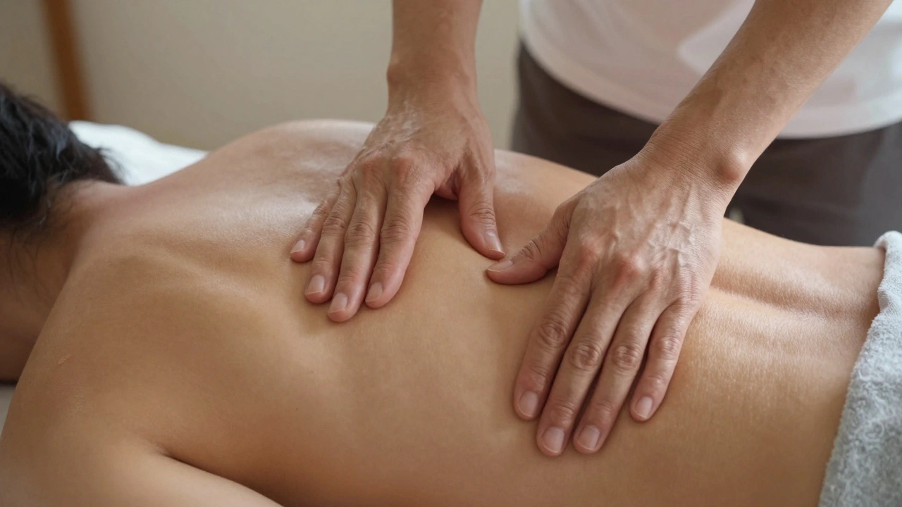 Close-up of hands working deeply into lower back muscles, showing tension release during a deep tissue session.