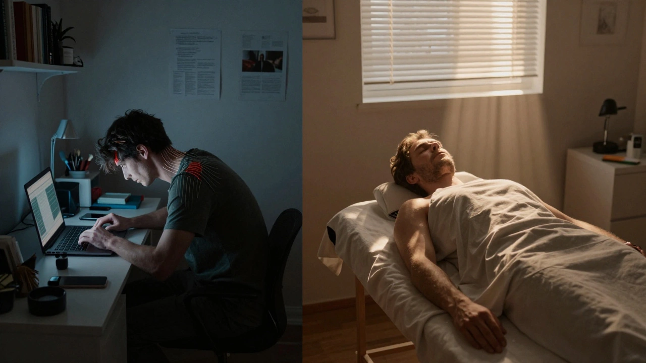 Contrasting image of stress in a cluttered office versus calm in a soothing massage room.