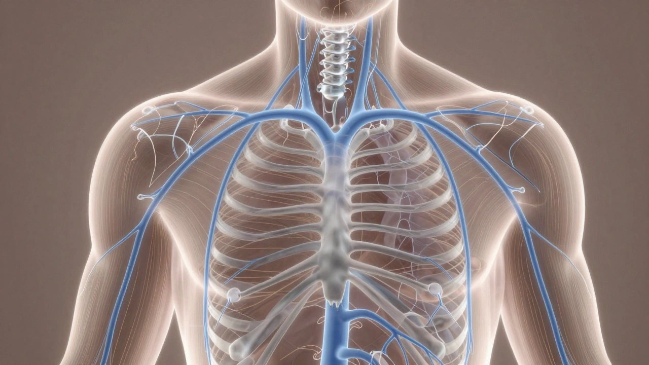 Glowing lymphatic vessels with golden strokes guiding fluid flow toward the neck and collarbones.