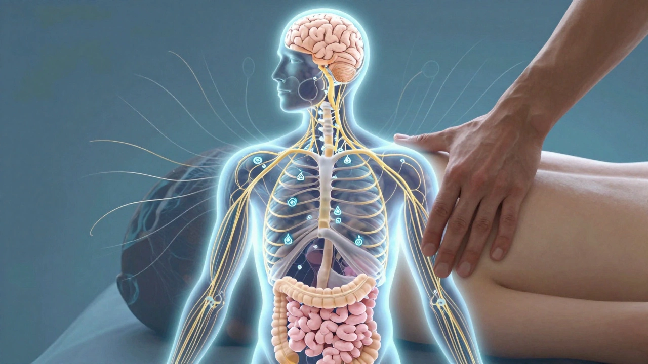 Human silhouette with glowing vagus nerve activation, symbolizing deep relaxation and biological healing.