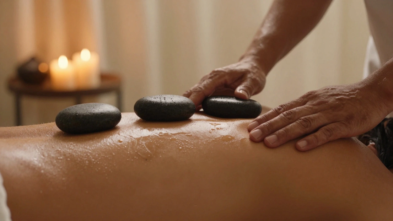 Smooth heated stones gliding over a shoulder with oil sheen, releasing muscle tension.