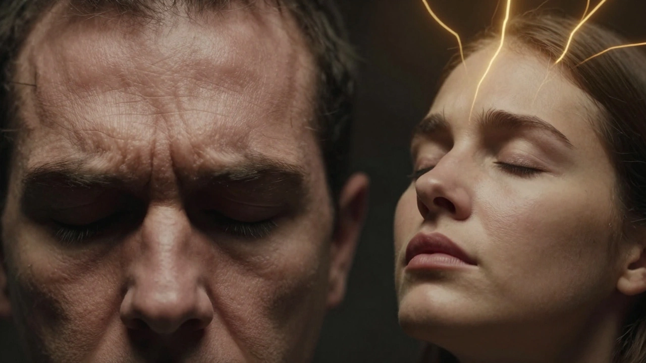 Split image showing stress on one side and calm relaxation on the other, with golden light radiating from the head.