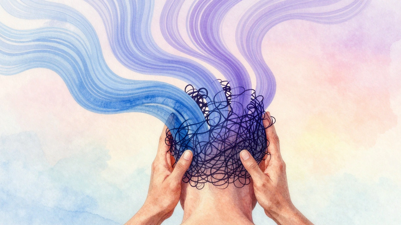 Watercolor abstract of tension melting from the scalp into soothing waves of blue and lavender.