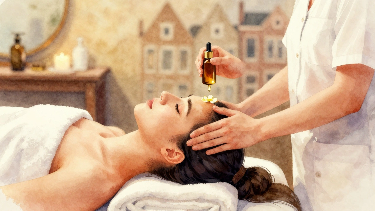 Watercolor head massage session with bergamot oil in Amsterdam spa.