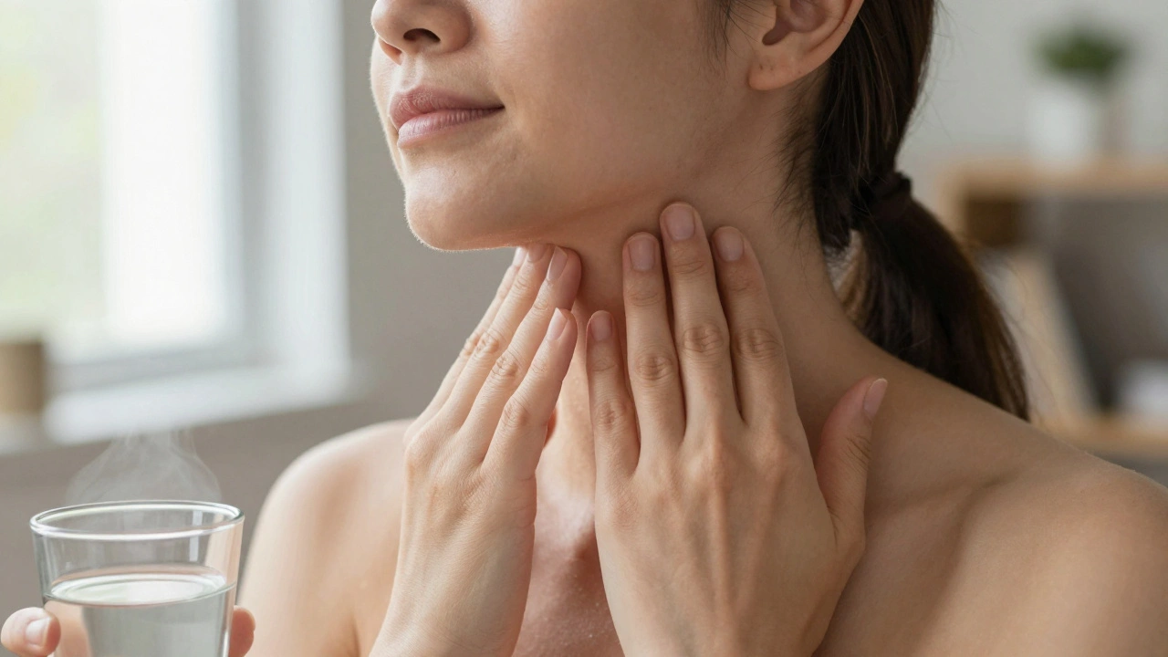 Woman doing self-lymphatic massage on her face and neck at home with natural morning light.