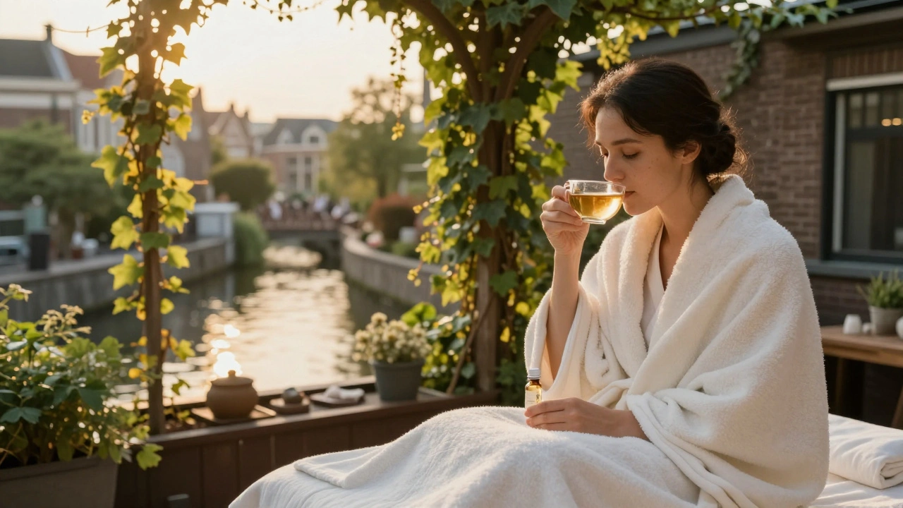 A guest relaxing after a massage, wrapped in a blanket and sipping tea on a rooftop garden.