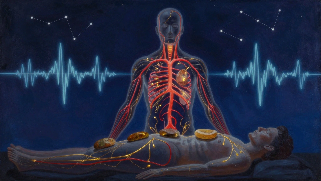 A human silhouette illuminated with glowing internal pathways showing improved circulation, lymphatic flow, and relaxed nervous system activity from hot stone therapy.