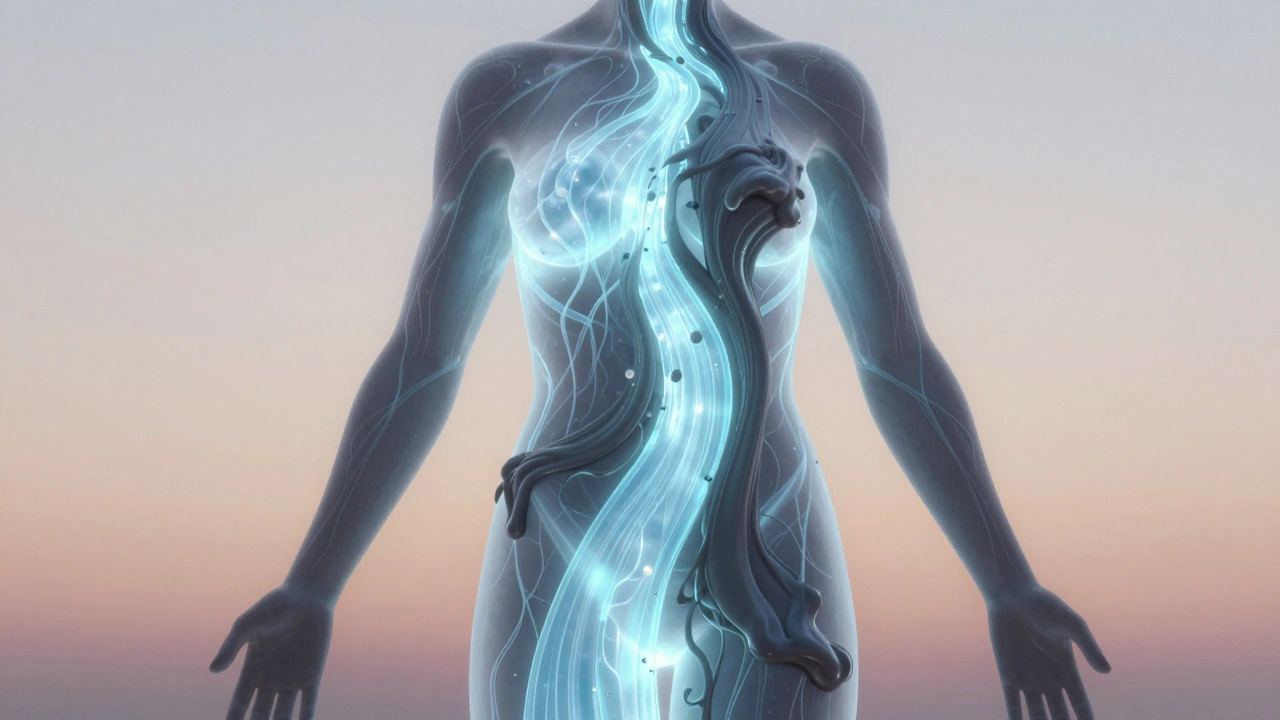A human silhouette with glowing blue lymph fluid flowing through the body, clearing away dark sludge toward the heart.