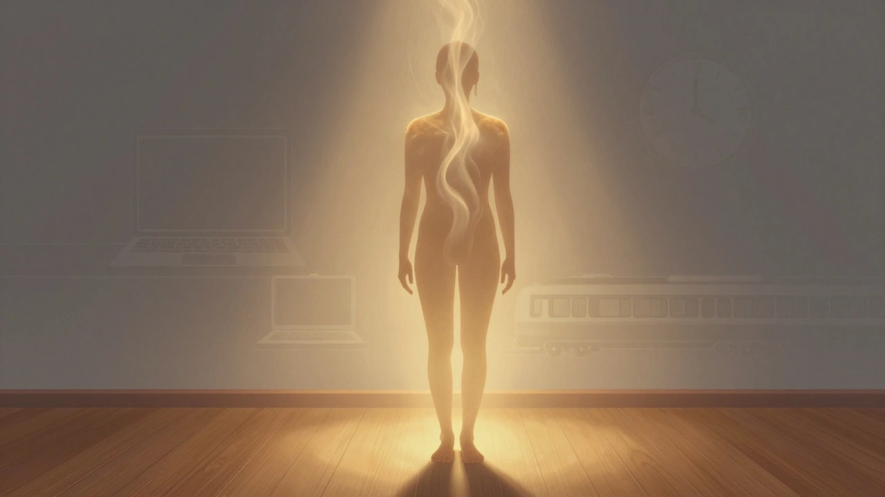 A person dissolving into golden light after a massage, symbolizing release from stress and fatigue.
