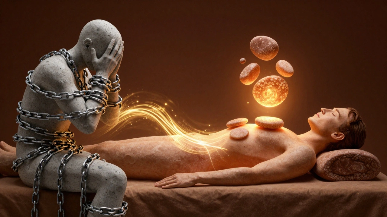 A person transformed from tension to calm, with glowing stones releasing heat to melt away stress.