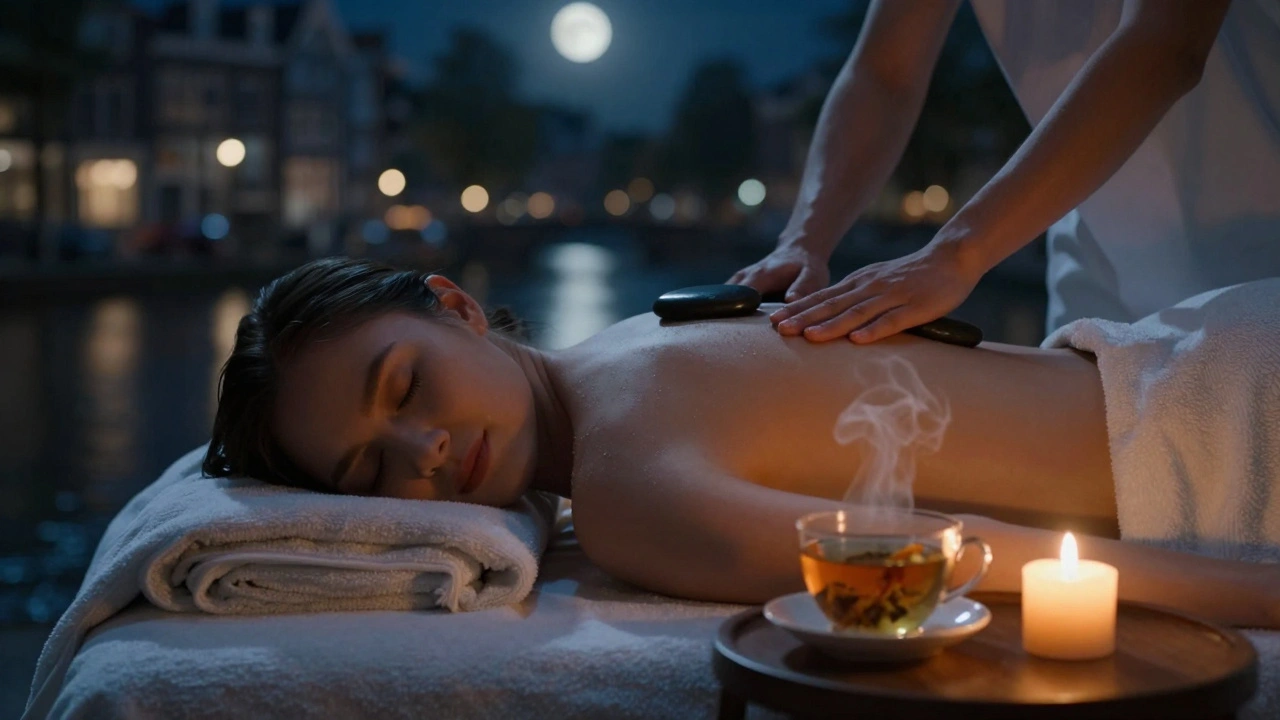 A relaxed client lying after a hot stone massage, with a warm stone on their back and herbal tea nearby.