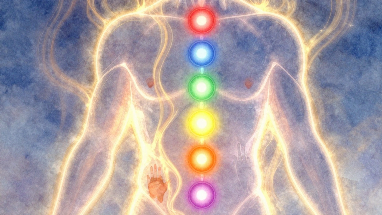 A symbolic representation of seven glowing chakras aligned along the spine, emitting subtle energy.