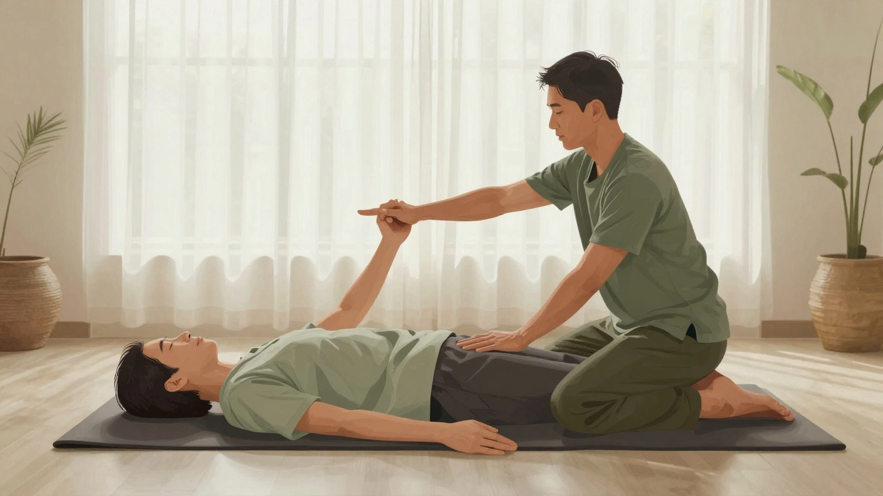A Thai massage session in progress with therapist stretching a client’s limbs on a low mat in a calm studio.