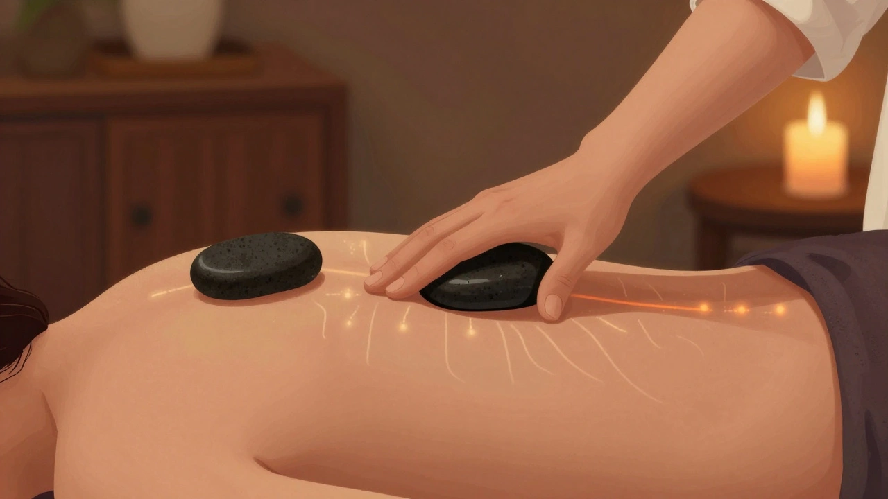 A therapist's hand gliding a heated basalt stone over a back, with soft glowing warmth radiating through the skin.