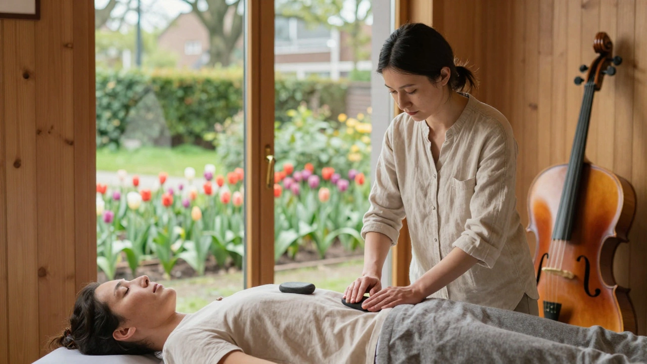 A therapist using heated stones on a client's back in a wooden therapy room overlooking tulips in Amsterdam.