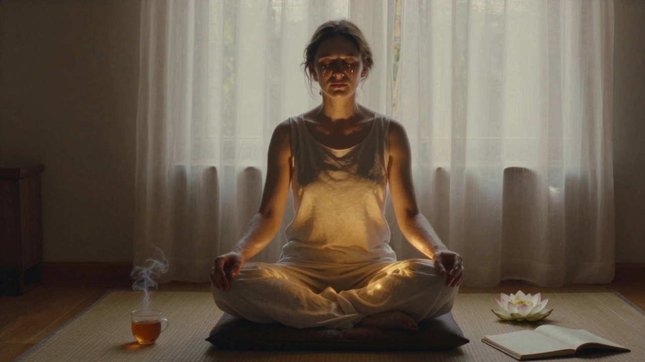 A woman in quiet reflection after a tantric massage, tears and inner peace visible in the soft light.