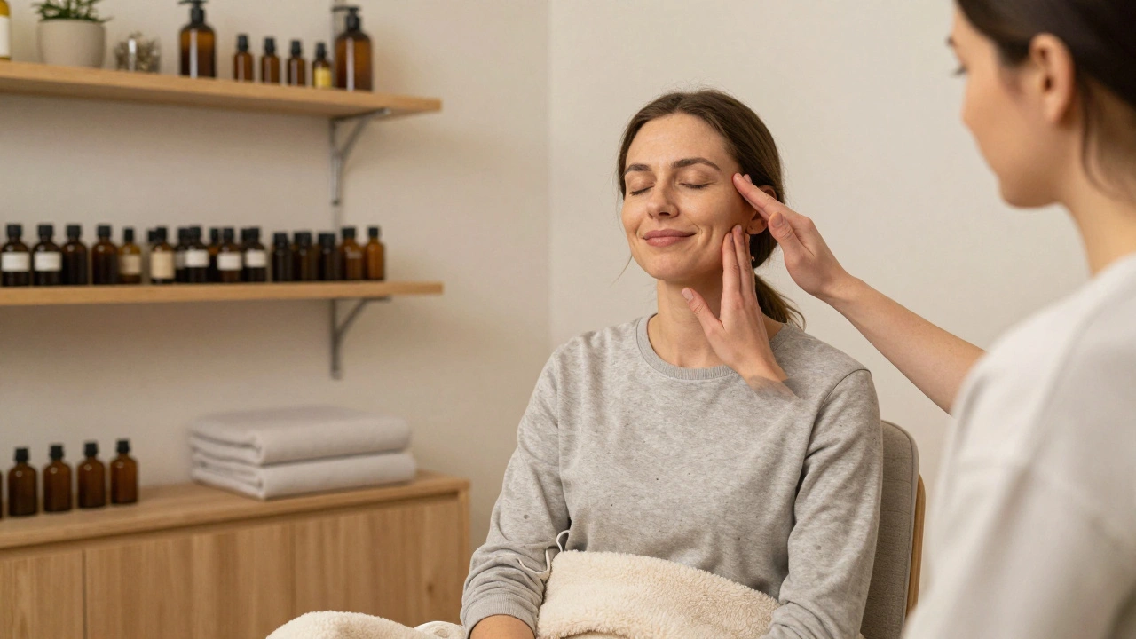 A woman receiving a head massage in a cozy Amsterdam studio, therapist working on her temples and jaw, surrounded by natural oils and soft lighting.