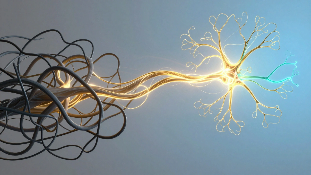 Abstract neural pathways glowing gold amidst fading grey stress.