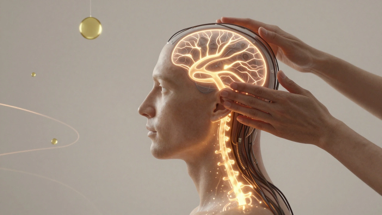 An abstract depiction of tension releasing from the scalp as golden energy flows downward during a head massage, with subtle Ayurvedic elements.